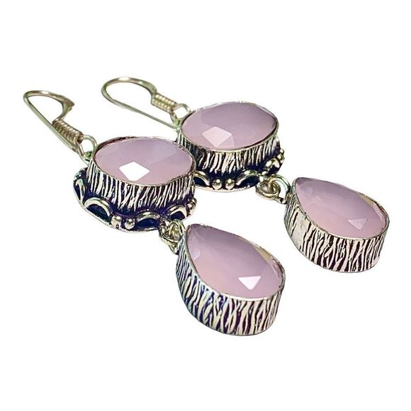 Soft Pink Chalcedony Gemstones in Hanmade Brushed Silver Earrings - Picture 2 of 7